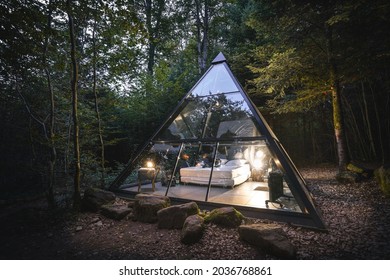 Glass pyramid lodge in the forest at blue hour. - Powered by Shutterstock