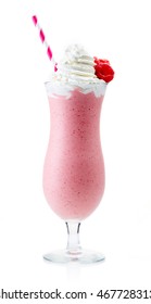 Glass of raspberry milkshake with whipped cream and fresh raspberries, isolated on white background