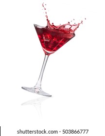 Glass Of Red Alcoholic Drink With Splash Isolated On White Background