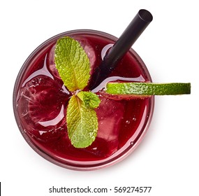 Glass Of Red Cherry Soda Drink Isolated On White Background. From Top View