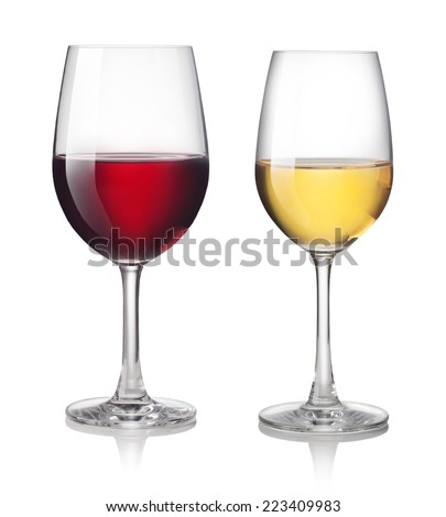 Glass of red and white wine on a white background