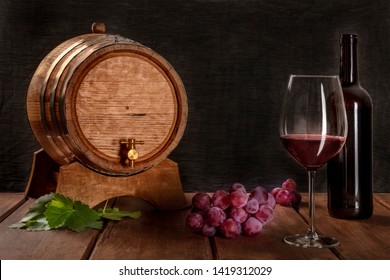 A Glass Of Red Wine With A Bottle, A Wine Barrel, Grapes, And Vine Leaves, Side View On A Dark Rustic Background, Low Key Photo With Copy Space