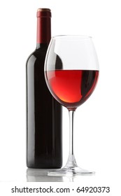 Glass Of Red Wine And A Bottle Isolated Over White Background