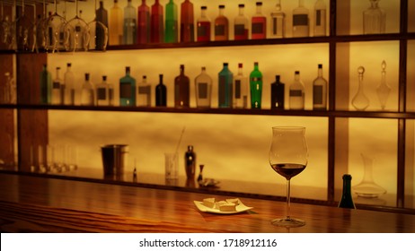 A Glass Of Red Wine And A Cheese Plate Placed On A Wooden Bar Counter.