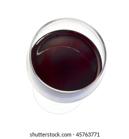 Glass Of Red Wine, Over White.  Overhead View.