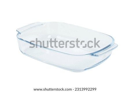 Glass refractory baking tray or dish isolated on white background with clipping path. Full Depth of field. Focus stacking, front view.