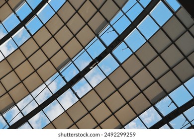 glass roof, ceiling, ceiling, shopping center, lines, architecture, element, design, glass, vault, geometry, bottom view, clouds in the window - Powered by Shutterstock