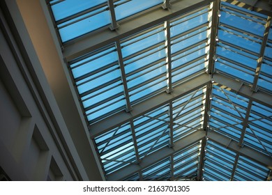 Glass Roof In Shopping Mall. Details Of Interior In Building. Light Through Glass. Dome In Building. Modern Architecture.