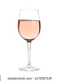 Glass Of Rose Champagne On White Background. Festive Drink