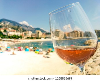 Glass Of Rose Wine On The Seacoast Of The French Riviera