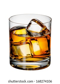 Glass Of Scotch Whiskey With Ice On A White Background