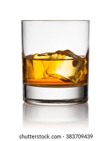 Glass Of Scotch Whiskey And Ice On A White Background