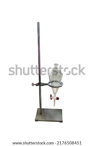Glass Separatory Funnel in Iron Ring on Laboratory Retort Stand isolated on white background with clipping path. scientific equipment.