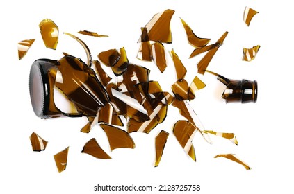 Glass Shards, Broken Beer Bottle Isolated On White, Top View