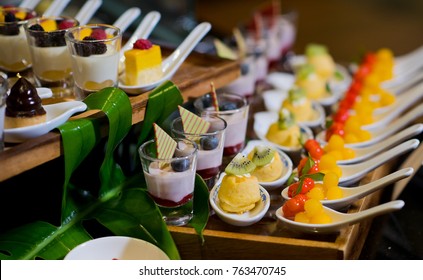 Glass Shots  Pastry. Wedding Catering Food. Mini Canapes Food.  Tasty Dessert. Beautiful Decorat Catering Banquet Table.  Snacks And Appetizers. Wedding Celebration
