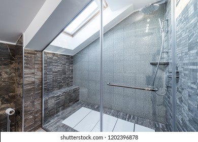 Glass Shower Cabin In Modern Loft Bathroom