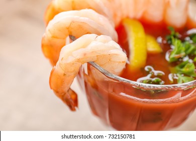 Glass With Shrimp Cocktail And Tomato Sauce, Closeup