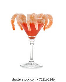 Glass With Shrimp Cocktail And Tomato Sauce, Isolated On White