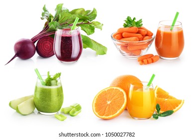 Glass with smoothies and juices isolated on white background. Beetroot and celery smoothies, orange and carrots juice. Collection. - Powered by Shutterstock