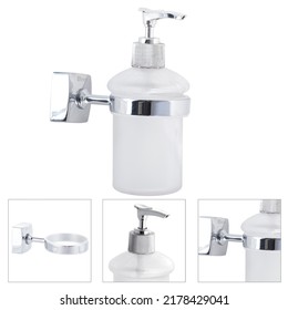 Glass Soap Dispenser On A Metal Wall Mount On A White Background 