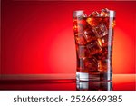 A glass of soda filled with ice cubes, set against a vibrant red background, showcasing a refreshing beverage.