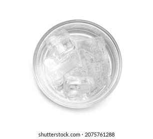 Glass Of Soda Water With Ice Isolated On White, Top View