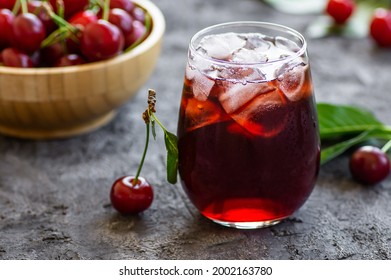 Glass Of Sour Cherry Juice With Fresh Red Cherries, Summer Juice