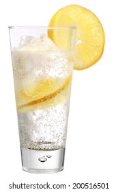 A Glass Of Sparkling Mineral Water With Ice And Citrus Slice (orange)