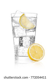 Glass Of Sparkling Water Soda Drink Lemonade With Ice And Lime Lemon Slice On White Background