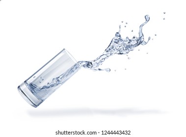 Glass with spilling water splash. Side view. On white background.