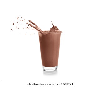 Glass with splashing cocoa, isolated on white