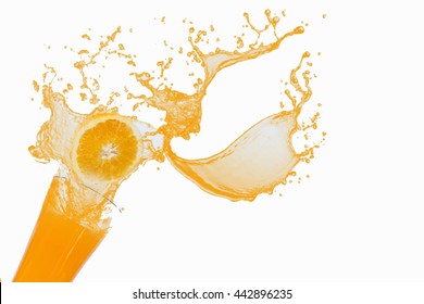 Glass Of Splashing Orange Juice With Its Fruits Isolate White Ba