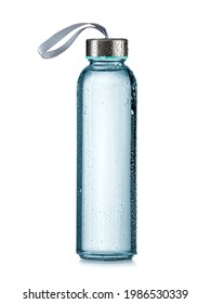 Glass Sport Water Bottle With Metal Top And Drops On White Background