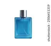 Glass square blue bottle isolated on a white background for perfume, fragrance, product. isolate