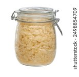 glass storage jar with fermented white cabbage isolated on white background.