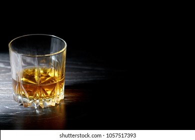 A Glass Of Straight Whiskey On A Dark Wooden Background, Whisky