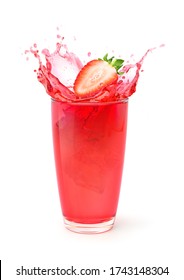 Glass of strawberry juice with cut in half fruit and splashing isolated on white background.
