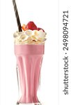 Glass of strawberry milkshake with whipped cream isolated on white background