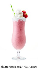 Glass of strawberry milkshake with whipped cream and fresh strawberries, isolated on white background