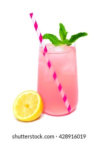 Glass Of Summer Pink Lemonade With Mint And Straw Isolated On A White Background