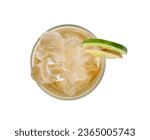Glass of tasty ale with ice cubes, lime and ginger slices isolated on white, top view