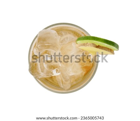 Glass of tasty ale with ice cubes, lime and ginger slices isolated on white, top view