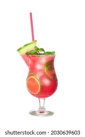 Glass Of Tasty Cold Watermelon Lemonade On White Background