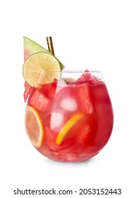 Glass Of Tasty Cold Watermelon Lemonade On White Background