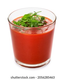 Glass With Tasty Gazpacho On White Background