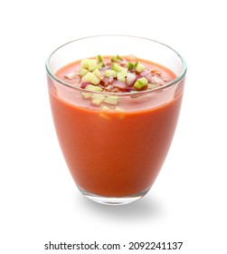 Glass With Tasty Gazpacho On White Background