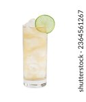 Glass of tasty ginger ale with ice cubes and lime slice isolated on white