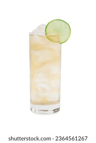 Glass of tasty ginger ale with ice cubes and lime slice isolated on white