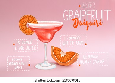 Glass Of Tasty Grapefruit Daiquiri Cocktail On Pink Background