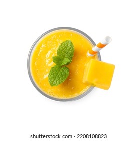 Glass Of Tasty Mango Smoothie Isolated On White, Top View